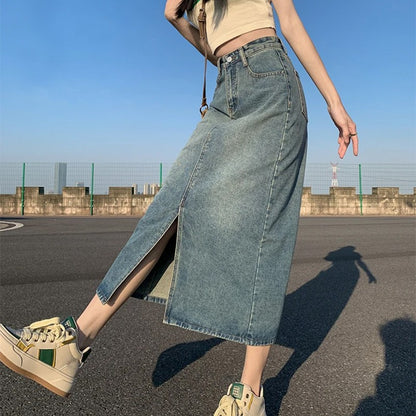 Summer New High-waist Slit Denim Skirt For Women Washed Retro A- line Skirt Hip-