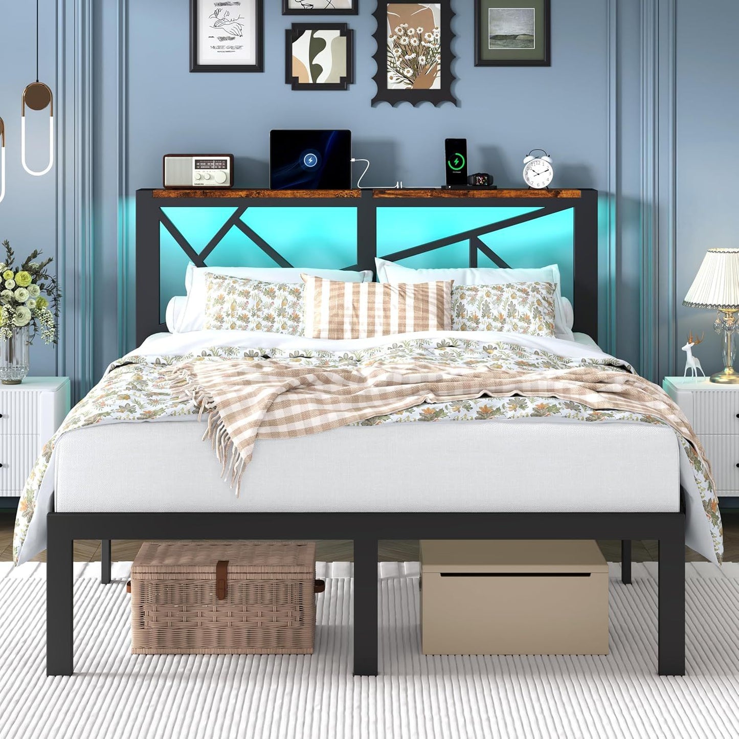 Full Size Metal Bed Frame with LED Lights, Storage Headboard with Charging Station, Modern Full Platform Bed with Heavy