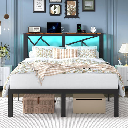 Full Size Metal Bed Frame with LED Lights, Storage Headboard with Charging Station, Modern Full Platform Bed with Heavy