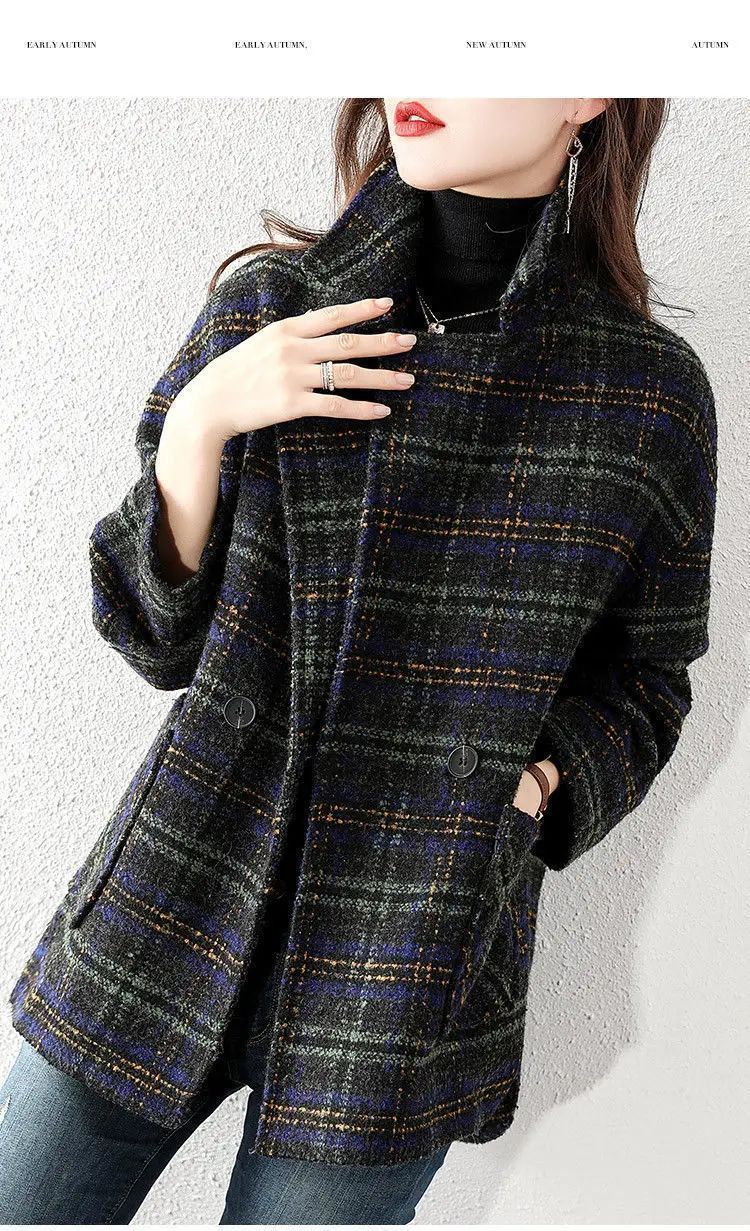 2024 New Style Women's Plaid Suit Woolen Jacket Loose Fit Vintage Checked Woolen Coat Medium Length Korean Version