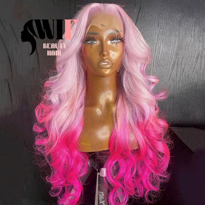 Peruca Sintética WIF Ombre Pink Wave para Mulheres, Usada em Cosplay, Ondas Corporais, Linha do Cabelo Natural, Perucas Lace Front, Raiz do Cabelo Rosa Claro