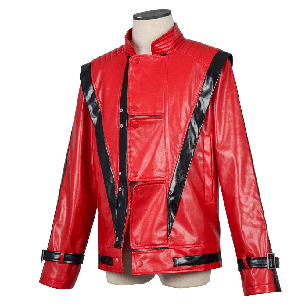 Michael Jackson cosplay red leather jacket cosplay costume Halloween stage performance outfit men's top