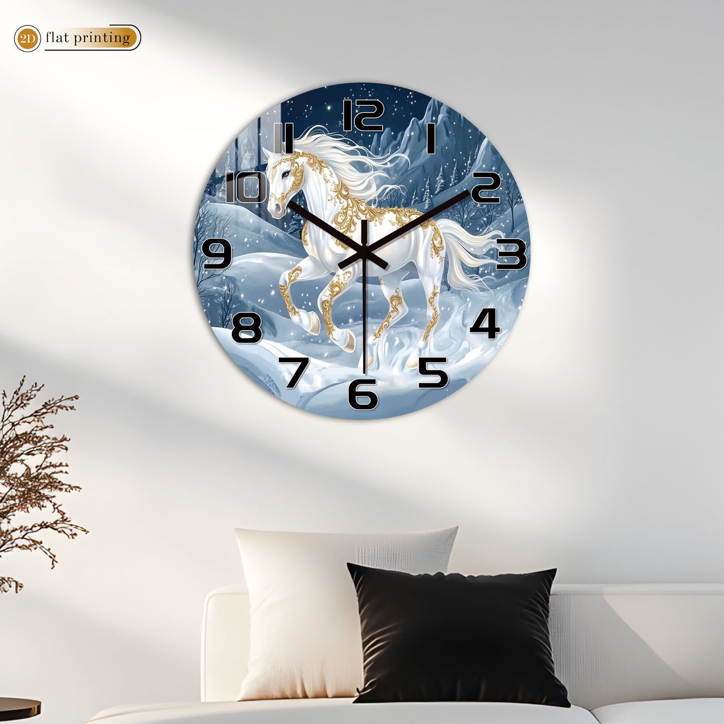 White Horse Snowy Landscape Wall Clock, Golden Ornamental Winter Scene, Festive Dreamy Unicorn-Inspired Home Decor
