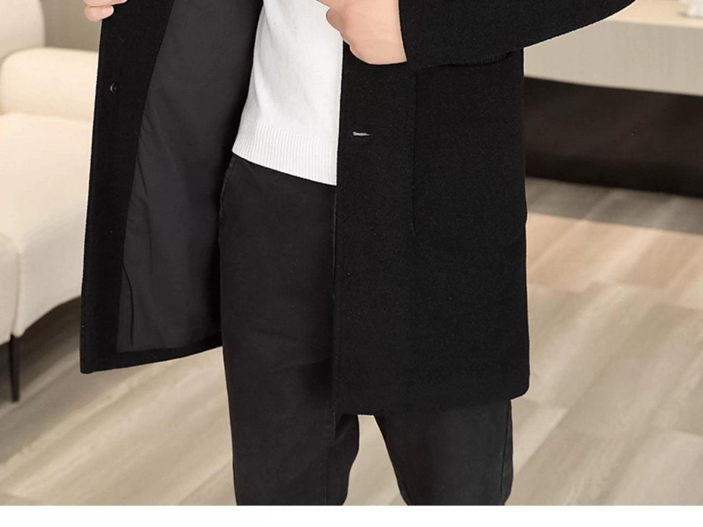 Men's Long Over-the-Knee Trench Coat Youth Black Business Casual Suit Collar Overcoat Mid-Length Trench Coat