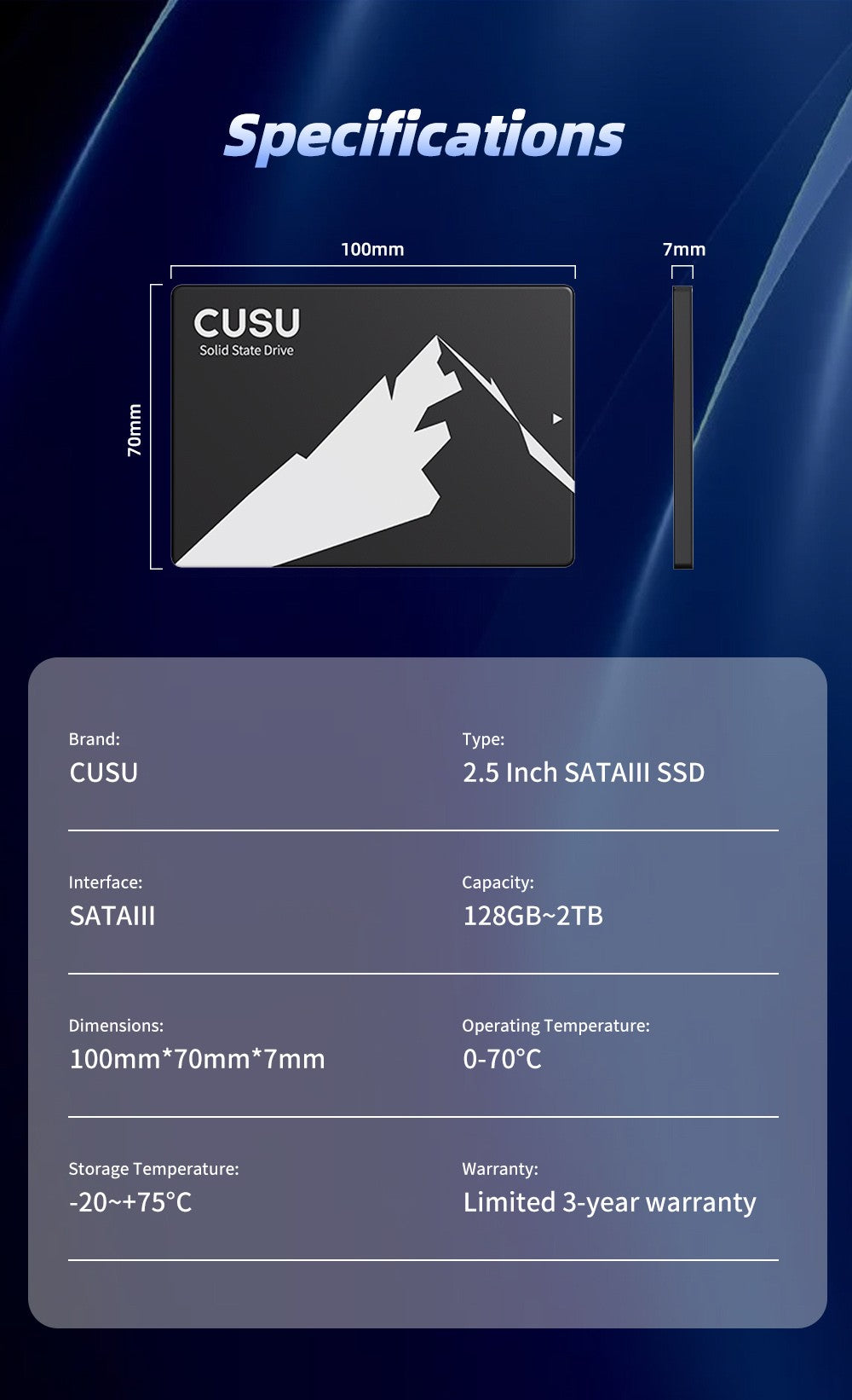 CUSU SSD 1TB 512GB 256GB 128GB SATA3 Unidade de disco rígido 2TB SSD SATA Disco de estado sólido para laptop e desktop