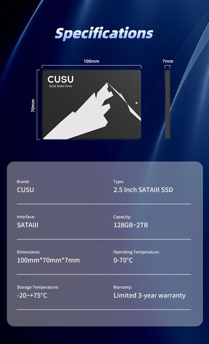 CUSU SSD 1TB 512GB 256GB 128GB SATA3 Unidade de disco rígido 2TB SSD SATA Disco de estado sólido para laptop e desktop