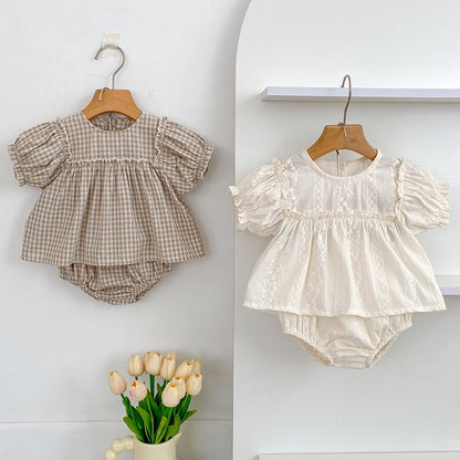 Girls Summer Fashion Set Children's Embroidered Grid Puff Sleeve Top+Shorts Two Piece Cute Baby Girls Clothes Set Baby Clothes