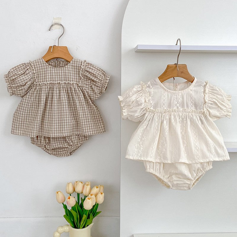 Girls Summer Fashion Set Children's Embroidered Grid Puff Sleeve Top+Shorts Two Piece Cute Baby Girls Clothes Set Baby Clothes