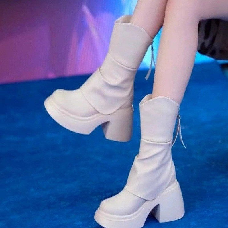 Autumn and winter new waterproof platform thick heeled fashion boots with thick sole height increasing short tube slimming boots