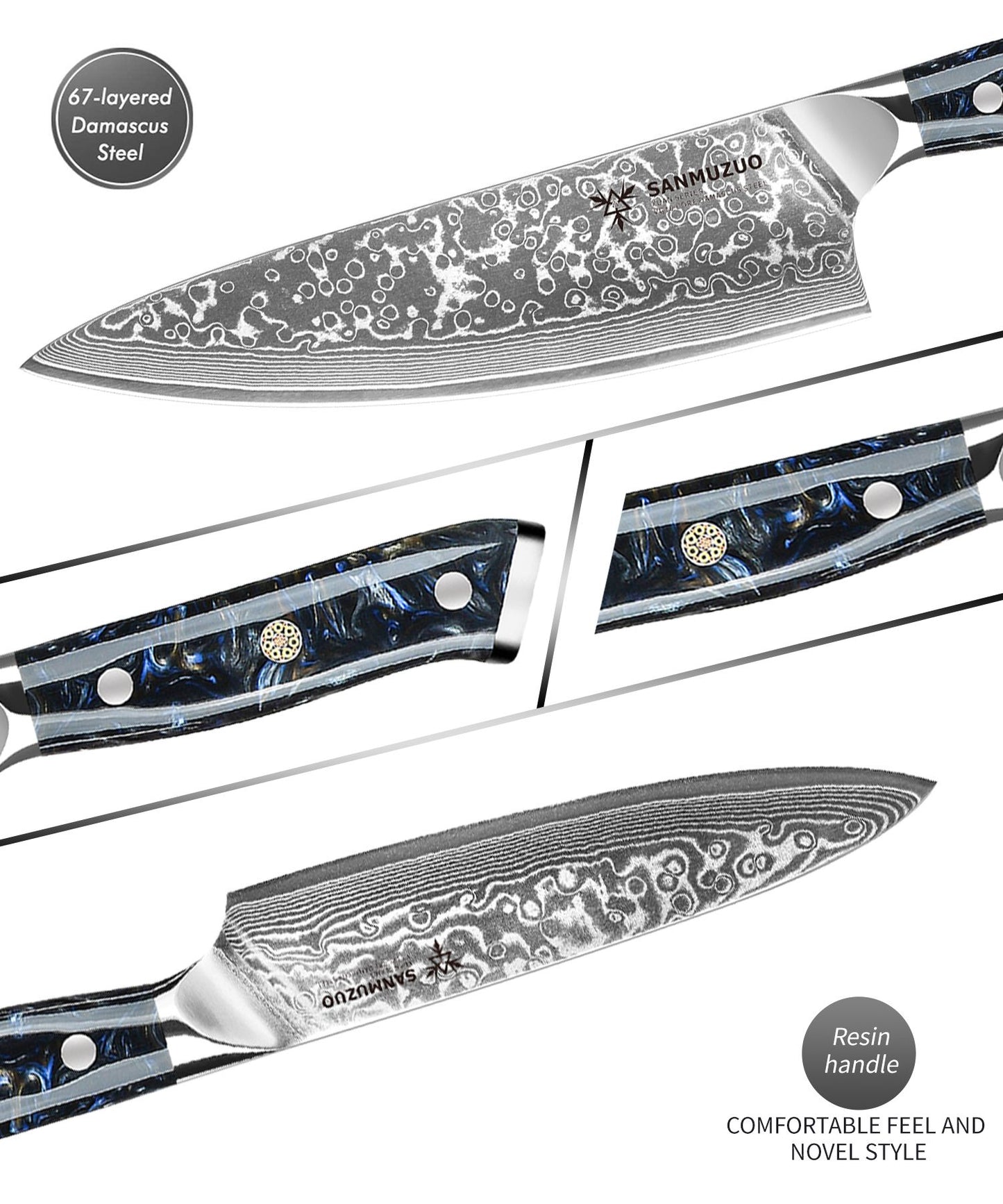SANMUZUO Conjunto de Facas de Cozinha 2 Peças - Série Xuan Faca de Chef e Faca Utilitária de Aço Damasco Ultra Afiadas - Cabo de Resina para Culinária Diária