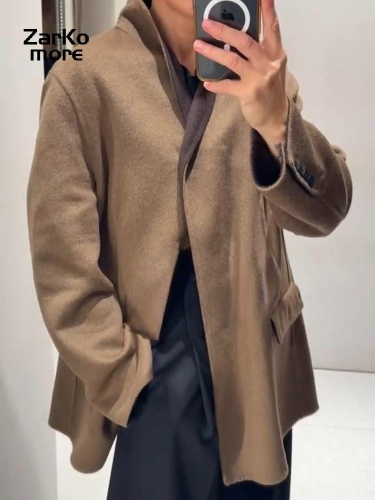 Fashion Brown Wool-blend Coat Women Stand Collar Long Sleeve One Button Pocket Warm Jacket 2025 Autumn Lady Chic Outwears New