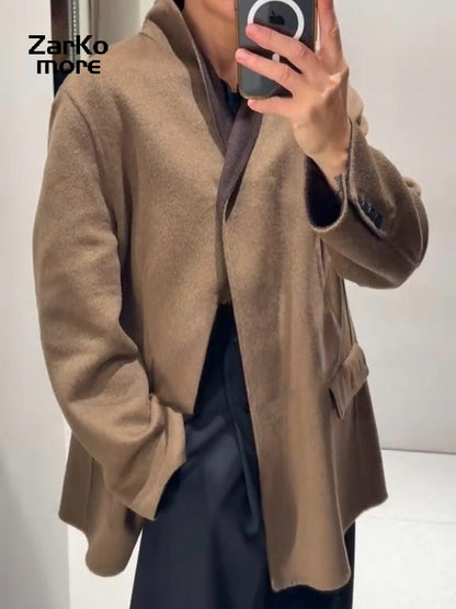 Fashion Brown Wool-blend Coat Women Stand Collar Long Sleeve One Button Pocket Warm Jacket 2025 Autumn Lady Chic Outwears New
