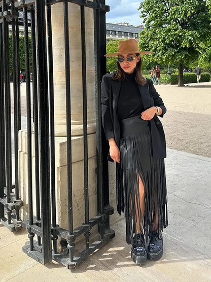 Tassel Leather Midi Skirt Women Solid High Street High-waist A-line Bodycon Long Skirts Spring Summer 2026 Chic All-match Outfit