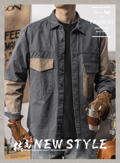 Spring and autumn new American vintage khaki loose long-sleeved shirt Japanese casual cargo shirt men's patchwork trend top
