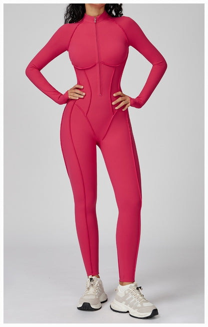 Women's Yoga Jumpsuit Long Sleeved Stand Collar Half Zip High-Intensity Workout One Piece Contrast Color Gym Fitness BodySuit