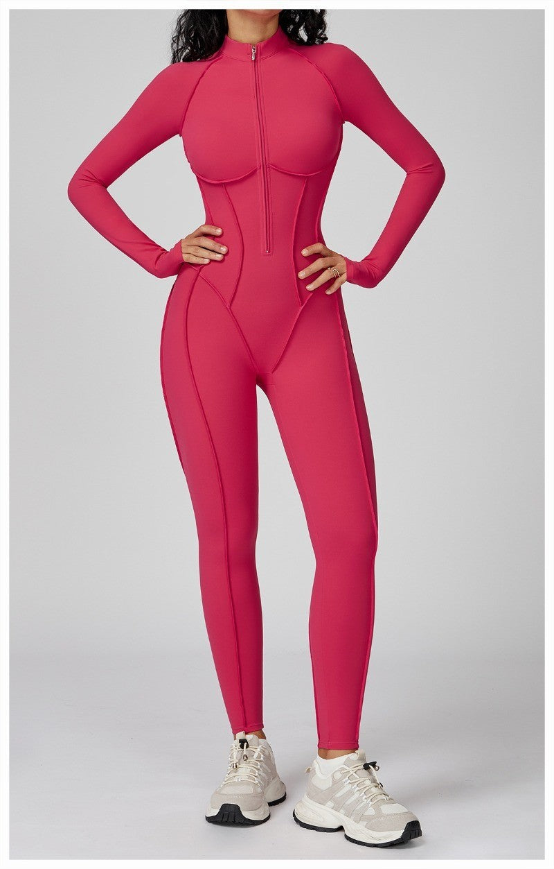 Women's Yoga Jumpsuit Long Sleeved Stand Collar Half Zip High-Intensity Workout One Piece Contrast Color Gym Fitness BodySuit