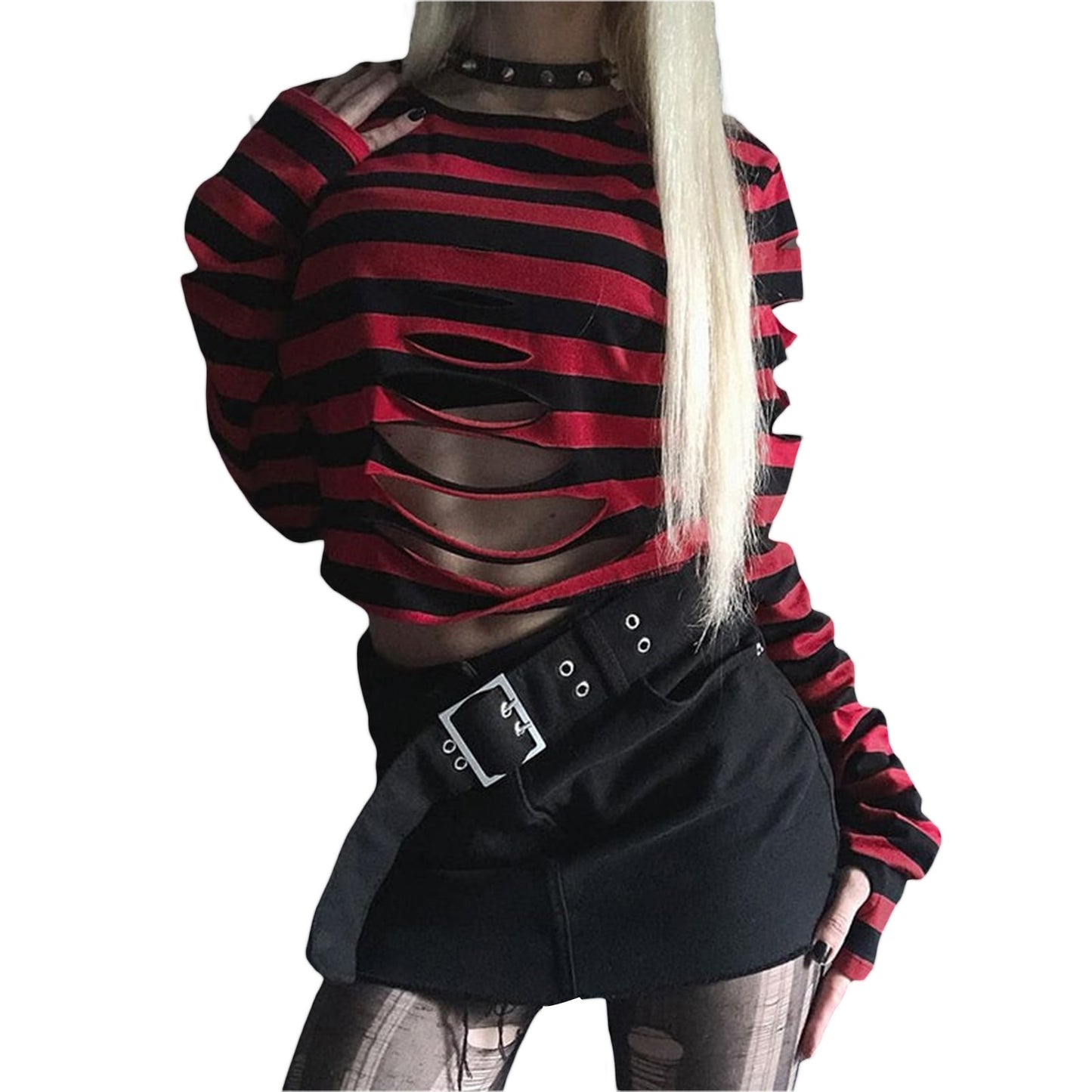 Women's Distressed Crop Tops Gothic Long Sleeve Round Neck Striped Print Loose T-Shirts Halloween Costume