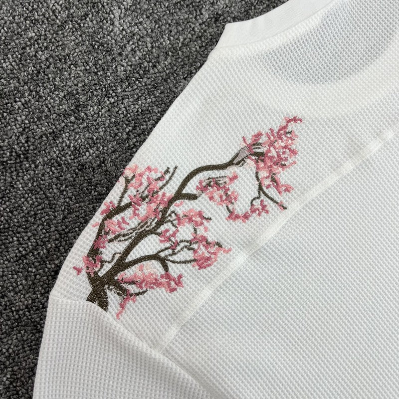 Waffle Long Sleeve Embroidery Sakura Derschutze Blossom T Shirt Men Women Casual Loose High Quality Breathe T-shirt Clothes
