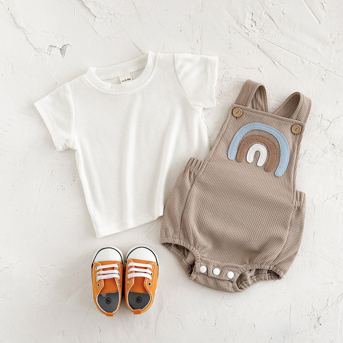 Newborn Baby Boys Clothing Summer Girls Set Waffle Rainbow Patch Overalls Romper Jumpsuit+Short Sleeved Shirt Clothes 2Pcs/Set