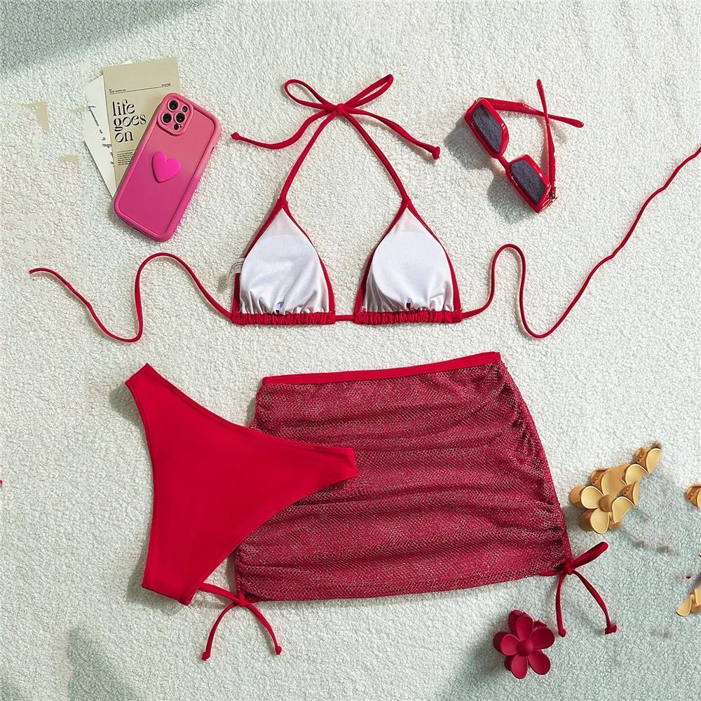 Solid Brown Swimwears String Halter Triangle 3 Piece Bikini Set Sexy Swimsuit Women 2025 Mesh Skirts Bathing Suit Bikinis Dames