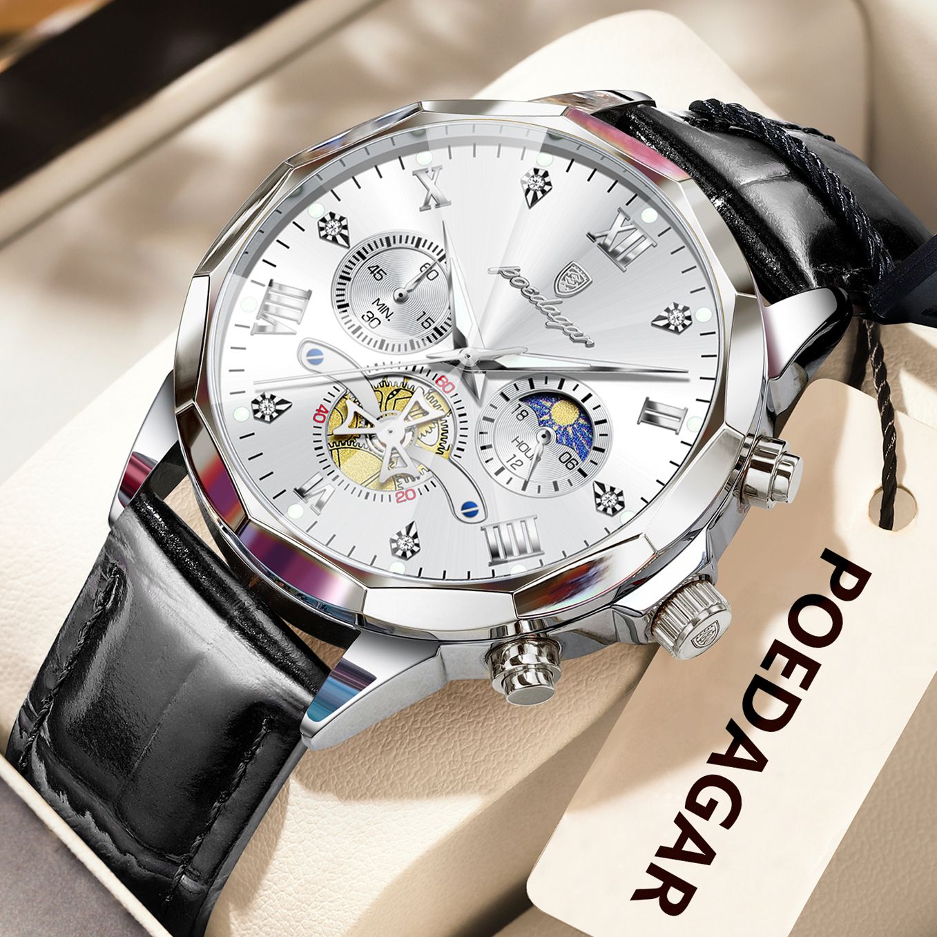 POEDAGAR Relógio de Pulso Militar de Luxo Masculino Quartzo Impermeável Luminoso Cronógrafo Couro Masculino Relógio Esportivo Masculino Relógio Masculino