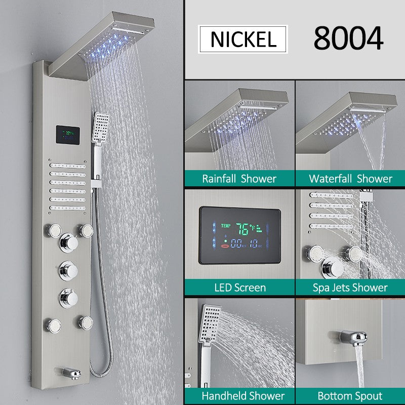Sistema de Torre de Painel de Chuveiro de LED Coluna de Chuveiro de Cascata de Chuva com Tela LCD de Hidroeletricidade com Torneira de Chuveiro de Spa de Corpo com Massagem