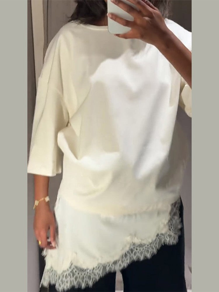 Fashion Lace Patchwork Mid Sleeve Tops for Women Elegant O Neck Loose Female T-shirt Spring New Lady Solid Shirts High Street