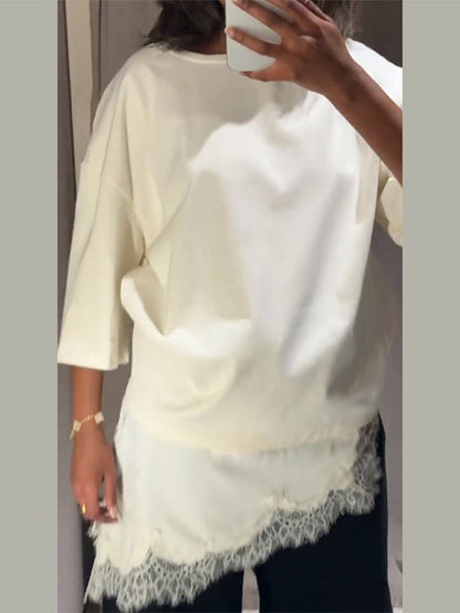 Fashion Lace Patchwork Mid Sleeve Tops for Women Elegant O Neck Loose Female T-shirt Spring New Lady Solid Shirts High Street