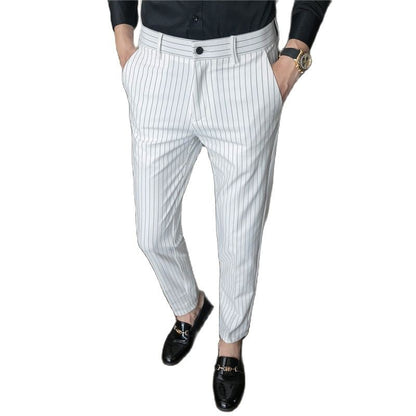White Vertical Stripes Suit Pants Men, Blue Black Trousers, Fashion Slim Men's Pant Business Pantalones Hombre Autumn New Slacks