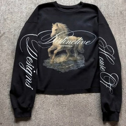 Y2K Harajuku Retro Long Sleeve Print Line Galloping Steed Round Neck Tops Trendy Daily Hip Hop Unisex Autumn Loose Streetwear