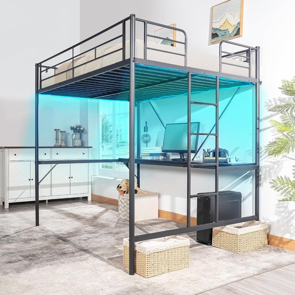 Cama Loft de Metal Tamanho Completo com Escrivaninha Embutida, 2 Estações de Carregamento, Luzes LED e Grades de Proteção para Crianças, Adolescentes e Adultos