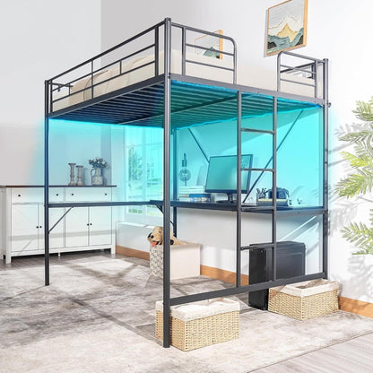 Cama Loft de Metal Tamanho Completo com Escrivaninha Embutida, 2 Estações de Carregamento, Luzes LED e Grades de Proteção para Crianças, Adolescentes e Adultos