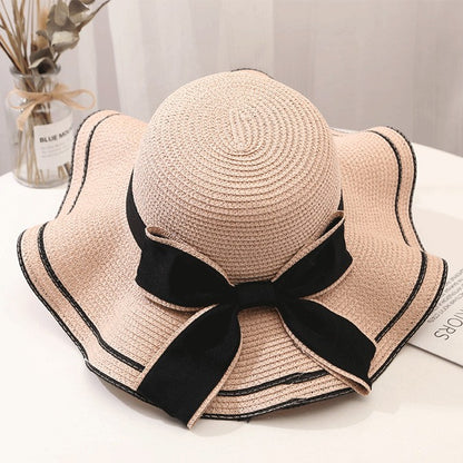 Beach HatJapanese Everything Hairy Edge Straw Hat Female Summer dome  Top Outing Sun Hat Small Fresh Bow Sun Shade Beach Hat