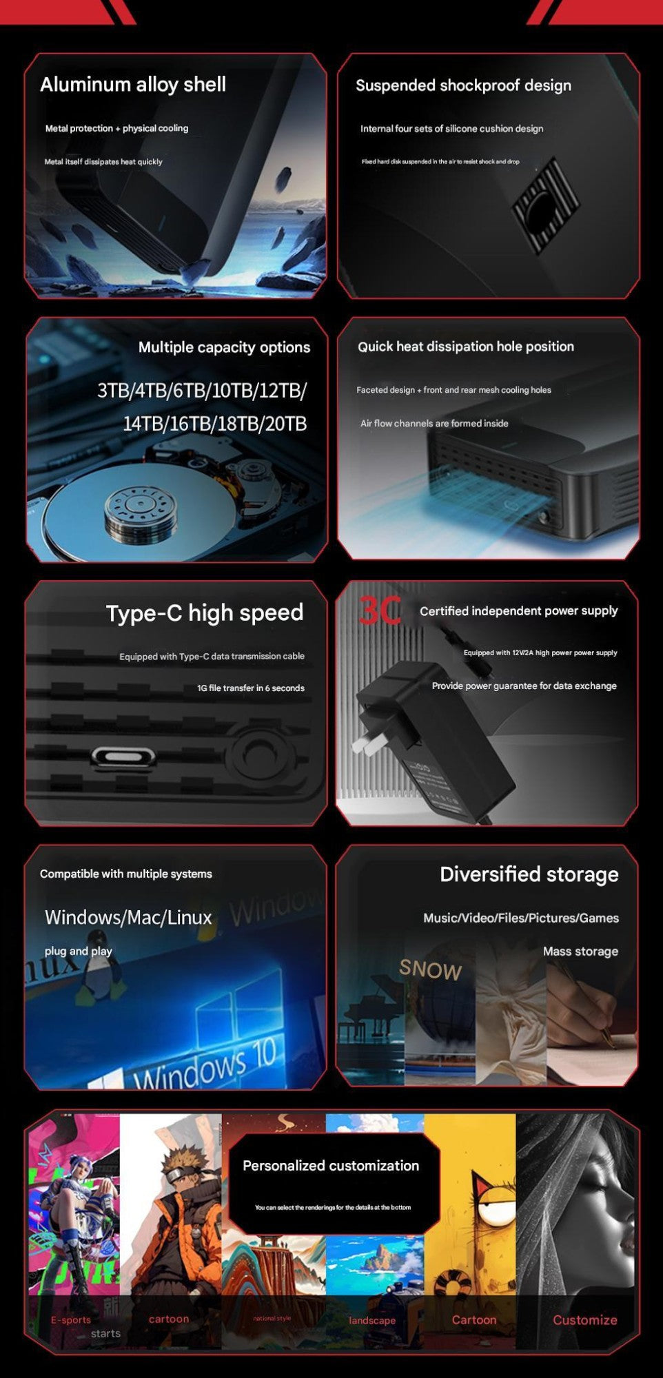 CoolFish HDD 3.5'' External Hard Disk 3TB/4TB/6TB/8TB/10TB/12TB TypeC Hard Drive External Storage Decives Hard Disks for PC/ Mac