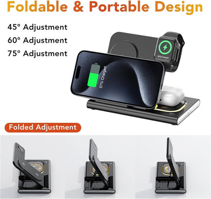 Carregador Sem Fio Dobrável 3 Em 1 De 300W Suporte Pad Estação De Carregamento Rápido De Mesa Para iPhone 16 15 14 13 Samsung Apple Watch Airpods