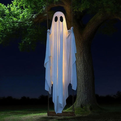 6FT Large Hanging Swing Ghost Halloween Decoration Cute White Ghost with String Light Spooky Ghost Ornament for Porch Yard Trees