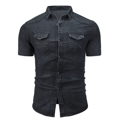 New Men's Fashion Short Sleeve Denim Shirt Soft Solid Color Slim Fit Cowboy Top for Men
