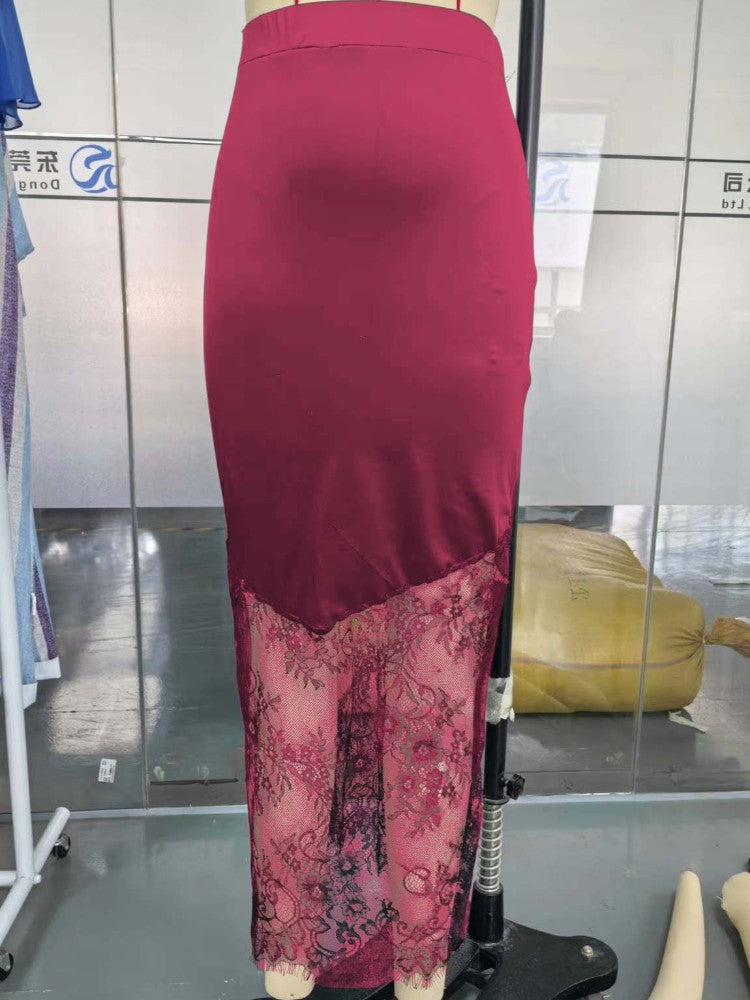 Women Elegant Patchwork Lace Skirts Fashion High Waist Slim Hollow Out Maxi Skirts 2025 Autumn Lady Brown Party Club Skirt