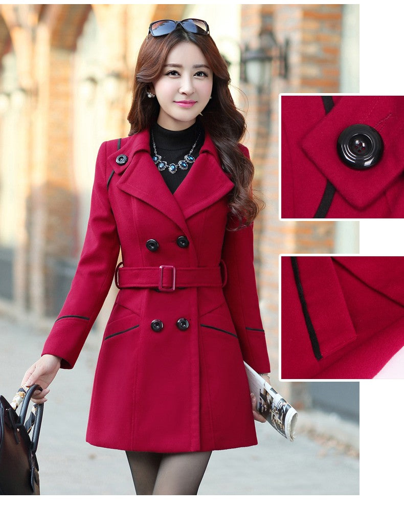 Autumn Winter Women Wool Coat 2024 Ladies Woolen Long Coat Female Fashion Slim-fit Double-Breasted Jacket with Belt S-3XL
