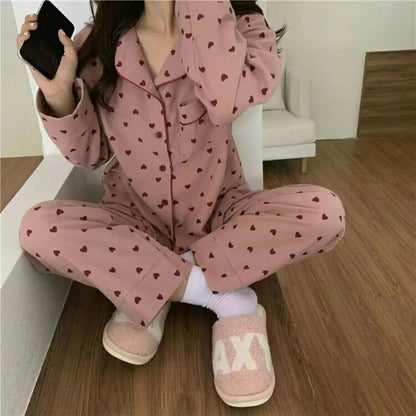 M-XXL Large Size Nightwear Women Sleepwear Autumn and Winter Cardigan Home Wear Peach Heart Long Sleeves School Silk Pajamas