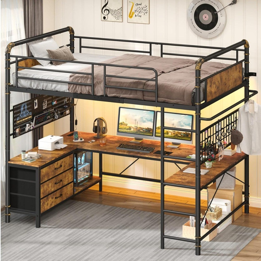 Loft Bed with U-Shaped Desk, Metal Loft Bed with LED Lights, Charging Station, Industrial Heavy Duty Bunk Loft Bed Frame