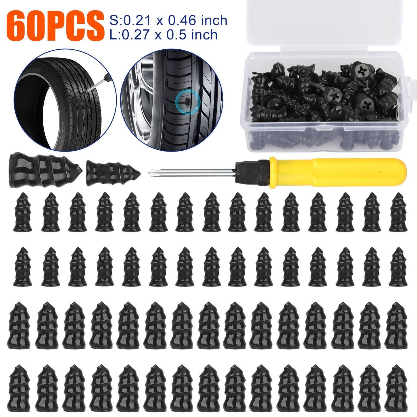 60 PEÇAS Prego de Borracha para Reparo de Pneu de Vácuo de Carro + Conjunto de Ferramentas com Caixa Prego de Carro para Reparo de Pneu de Moto com Chave de Fenda