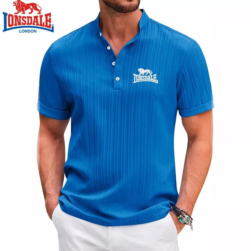 Embroidered LONSDALE Cotton Linen Striped Henry Short Sleeved Polo Shirt for Men's New Summer Business Casual Breathable T-shirt