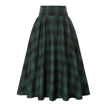 Women Skirt Elastic Waist Big Hem A-line Colorblock Plaid Print Loose Fit Skirt Ankle Length Pockets Retro Lady Maxi Skirt
