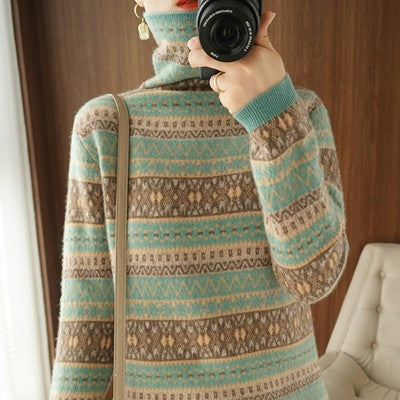 Autumn and Winter New 100% Wool Cashmere Sweater Women's High Neck Pullover Casual Knitted Loose Korean Fashion Color Block Top