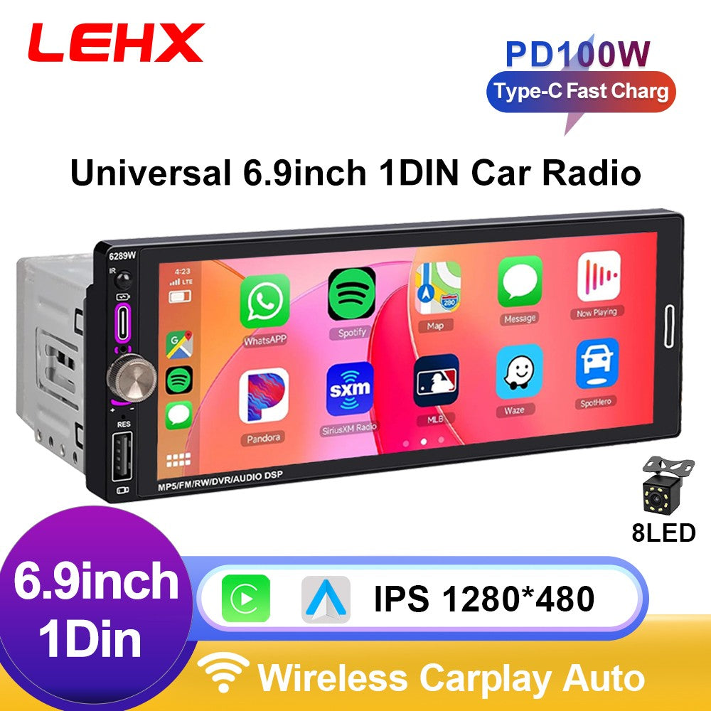 LEHX 1din 6.9 IPS Touch Screen Carplay Android Auto Mirror Link Car Radio Multimedia 1 din Car Stereo MP3 MP5 Player FM Headunit