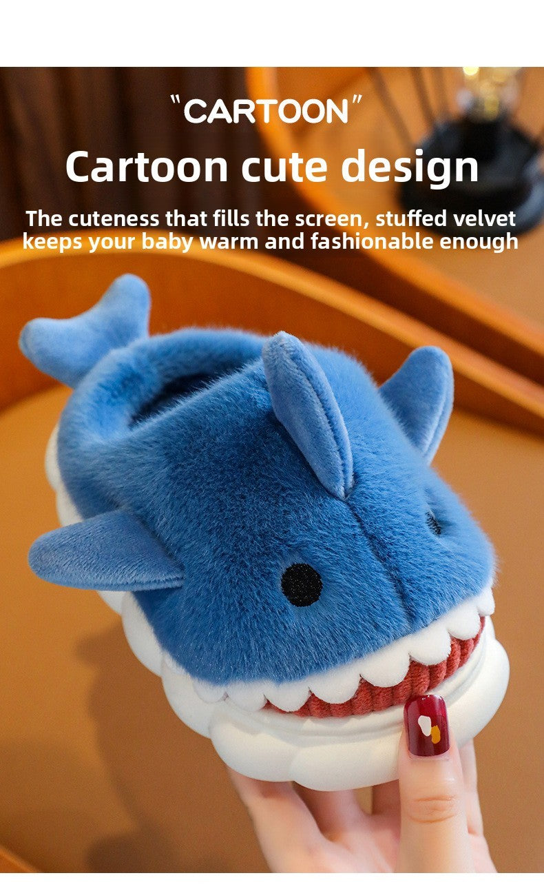Winter Heel Wrap Cotton Children's Slippers Cute Cartoon Shark Non-slip Soft Sole Kids Boys Girls Junior Warm Plush Home Shoes
