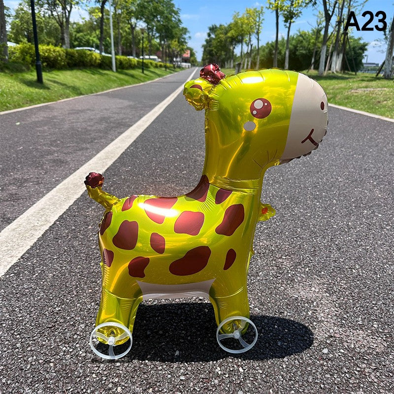 1PC 3D Cartoon Foil Balloons Elephant Stand Walking Balloon With Wheel For Kids Birthday Party Decoration Baby Shower