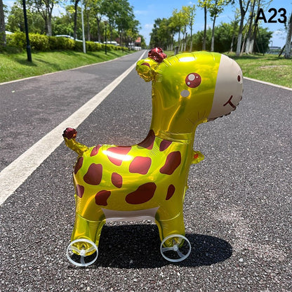 1PC 3D Cartoon Foil Balloons Elephant Stand Walking Balloon With Wheel For Kids Birthday Party Decoration Baby Shower