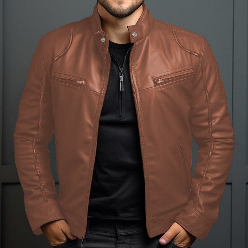 New Men's Business Leather Jacket for Autumn and Winter, Fashionable Stand Up Collar Casual Leather Jacket for Men